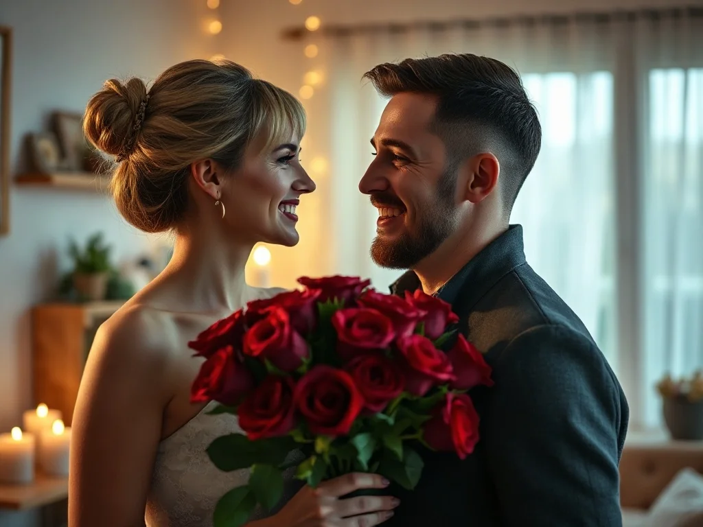 Uśmiechnięta para trzymająca bukiet czerwonych róż w romantycznej, domowej scenerii przy świecach.