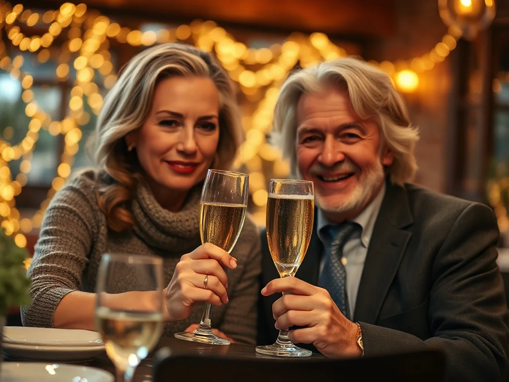 Elegancka para świętująca srebrne gody przy lampce wina w nastrojowej restauracji przy świecach.