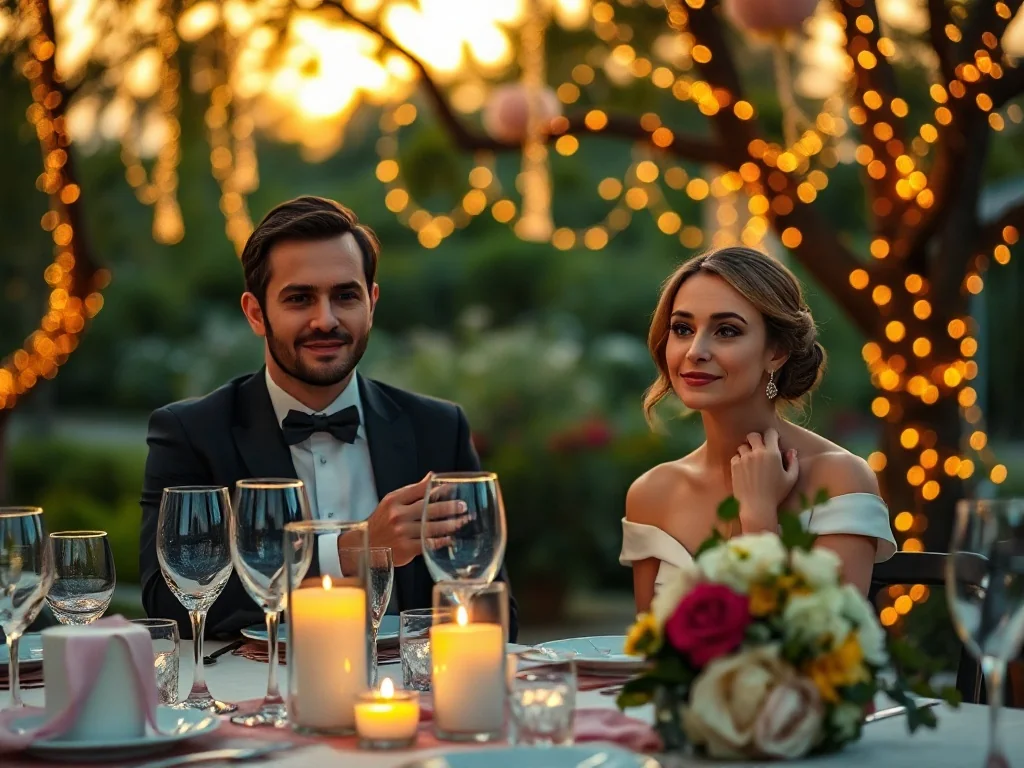 Elegancka kolacja rocznicowa w ogrodzie przy świecach i zachodzącym słońcu, tworząca romantyczną atmosferę dla pary.