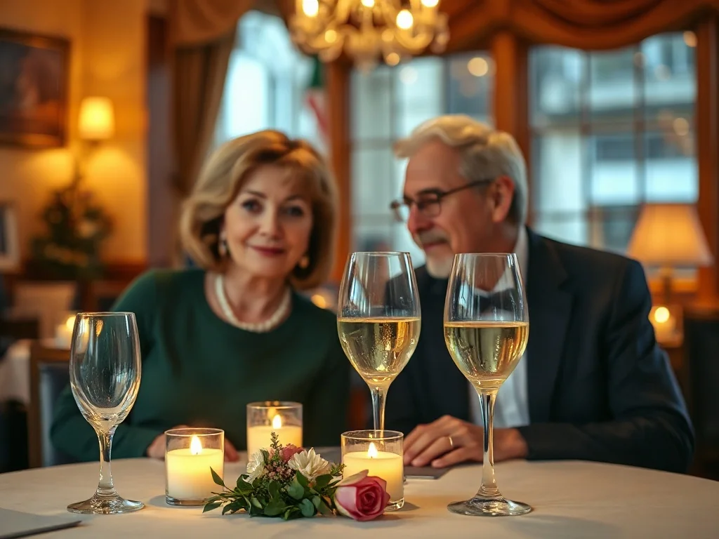 Para w średnim wieku świętująca rocznicę ślubu przy romantycznej kolacji w eleganckiej restauracji.