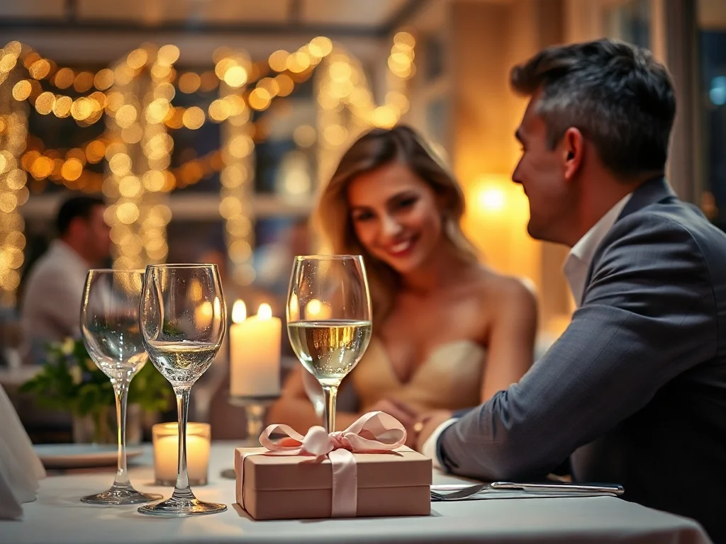 Para świętująca rocznicę ślubu przy romantycznej kolacji z winem i prezentem w blasku świec.