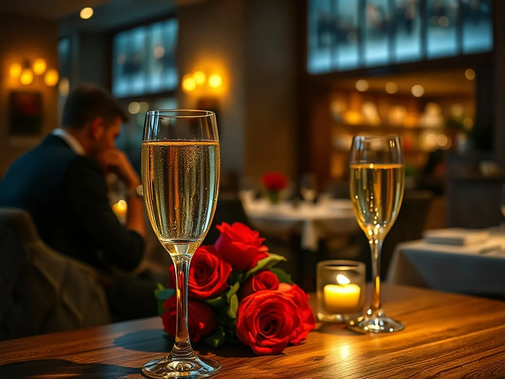 Eleganckie nakrycie stołu z winem i czerwonymi różami, przygotowane na romantyczną kolację z okazji rocznicy ślubu.