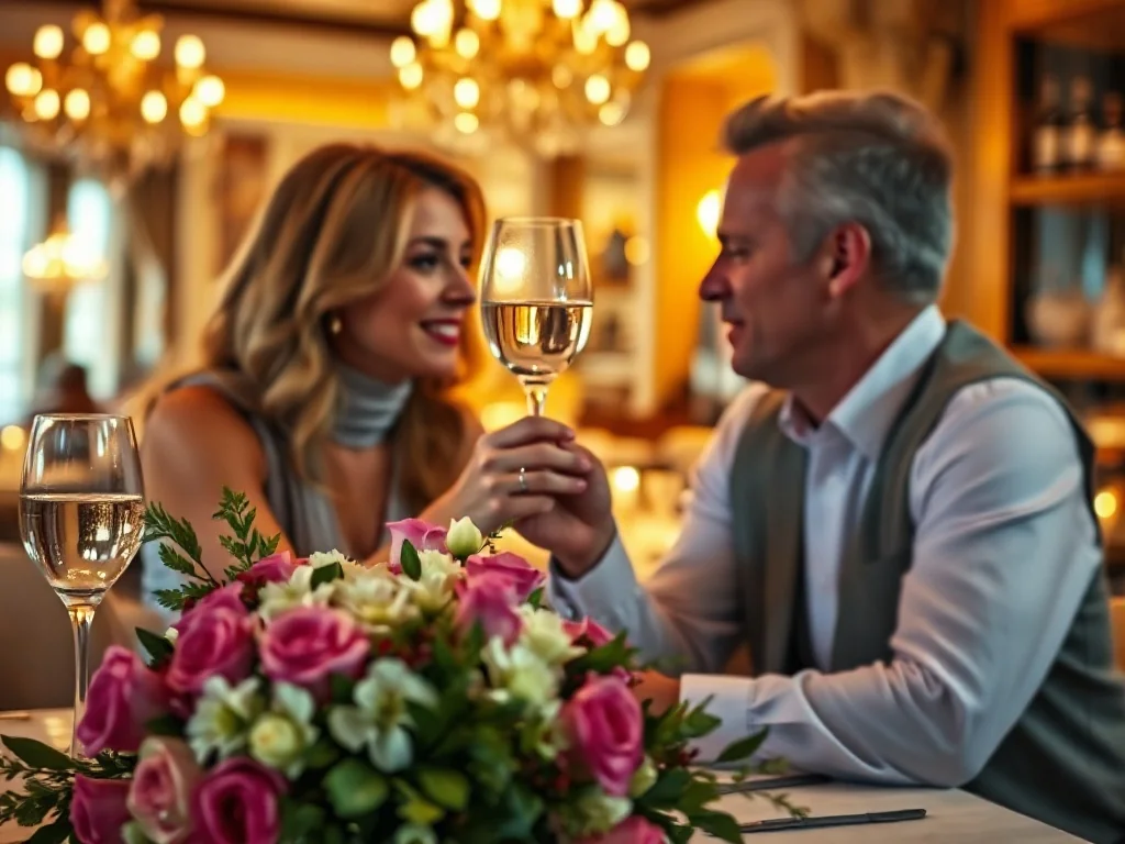 Para świętująca rocznicę ślubu przy romantycznej kolacji z winem i kwiatami w eleganckiej restauracji.