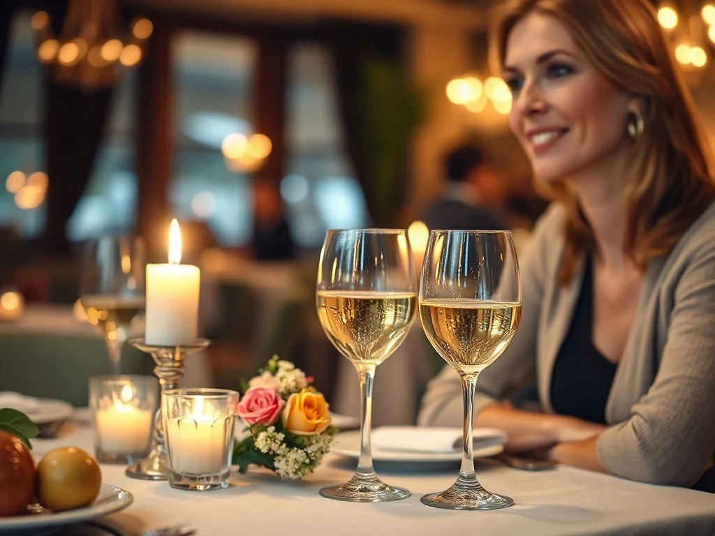 Para w średnim wieku świętuje rocznicę ślubu przy romantycznej kolacji w eleganckiej restauracji przy świecach.