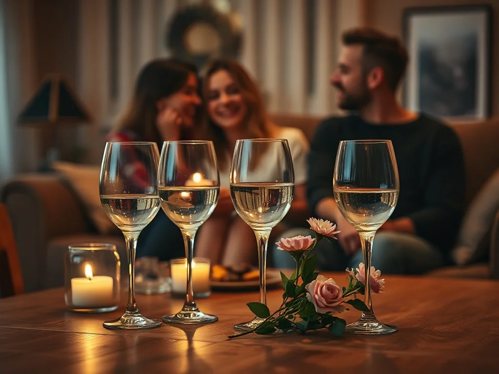 Romantyczna kolacja przy świecach i winie, przygotowana dla pary świętującej pierwszą rocznicę ślubu w przytulnym domu.
