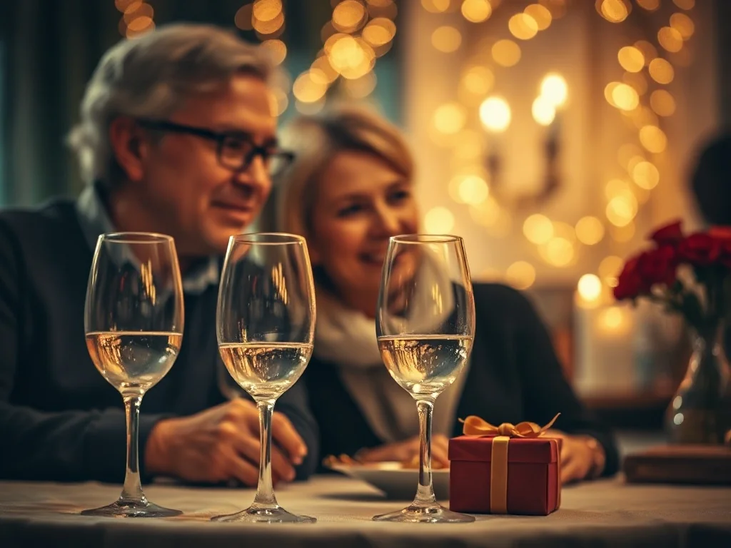 Para w średnim wieku świętująca rocznicę ślubu przy romantycznej kolacji z winem i prezentem w blasku świec.