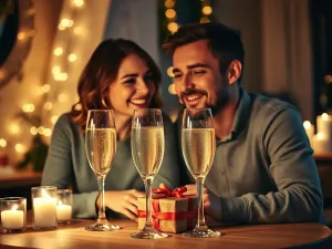 Uśmiechnięta para trzymająca bukiet czerwonych róż w romantycznej, domowej scenerii przy świecach.