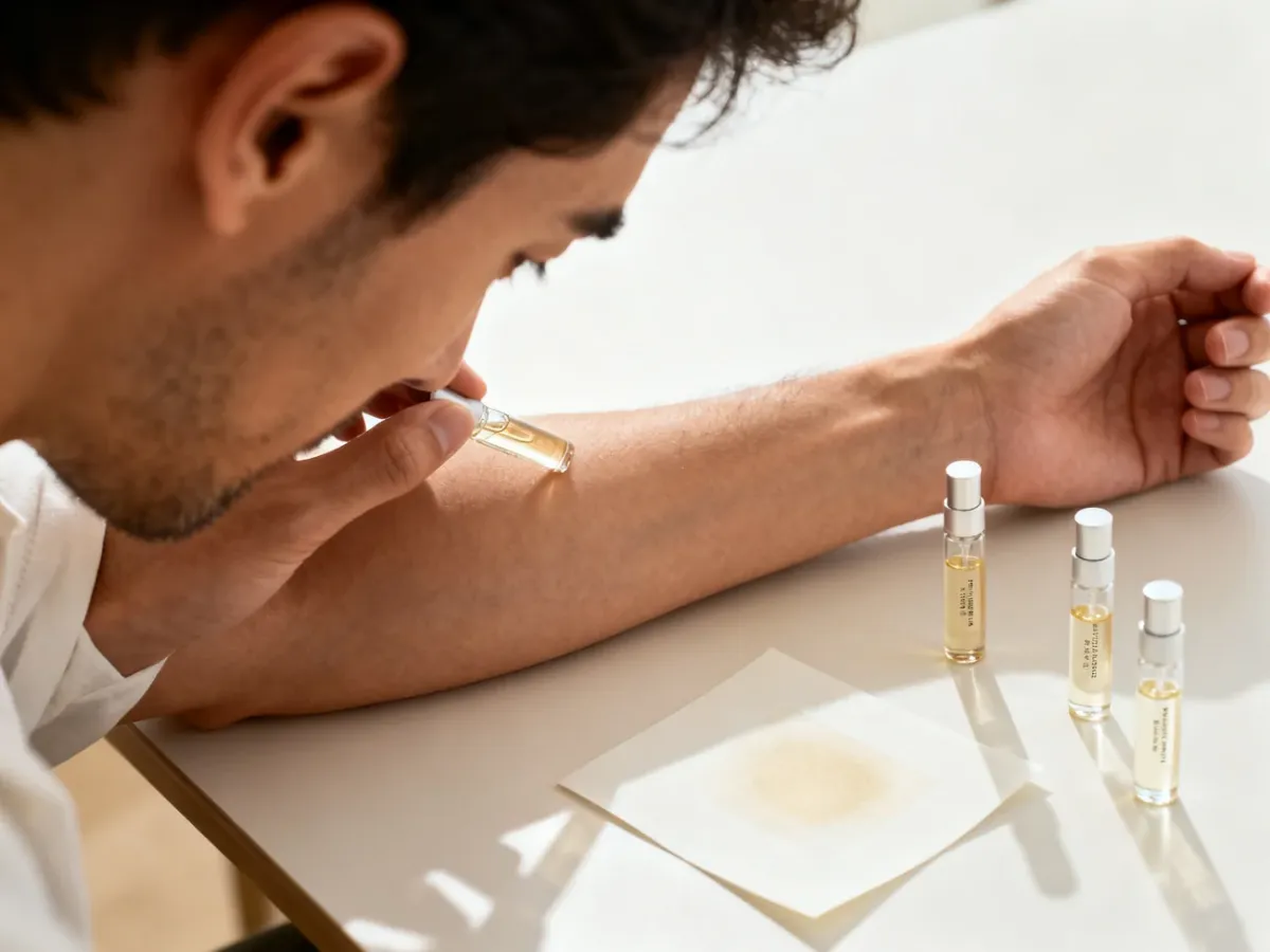 Mężczyzna testujący perfumy na nadgarstku