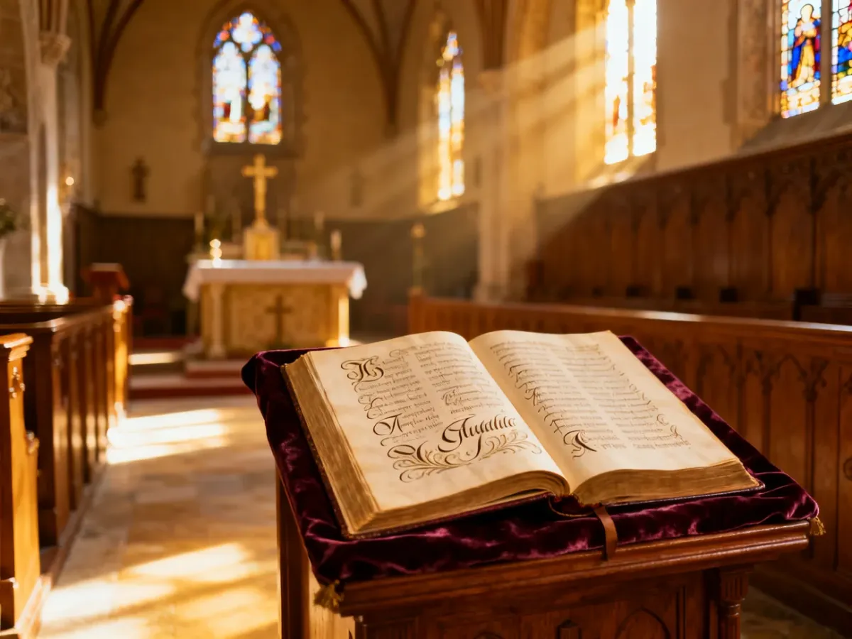 Otwarta księga liturgiczna na ołtarzu w tradycyjnym kościele, podkreślająca podniosły charakter ślubu konkordatowego.