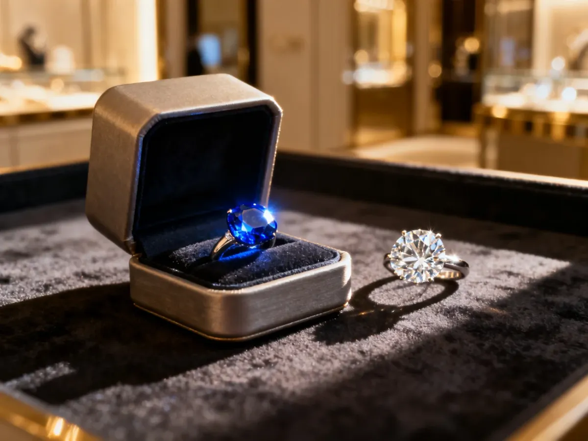 Eleganckie pudełka z pierścionkiem z szafirem oraz pierścionkiem z diamentem na aksamitnym tle.