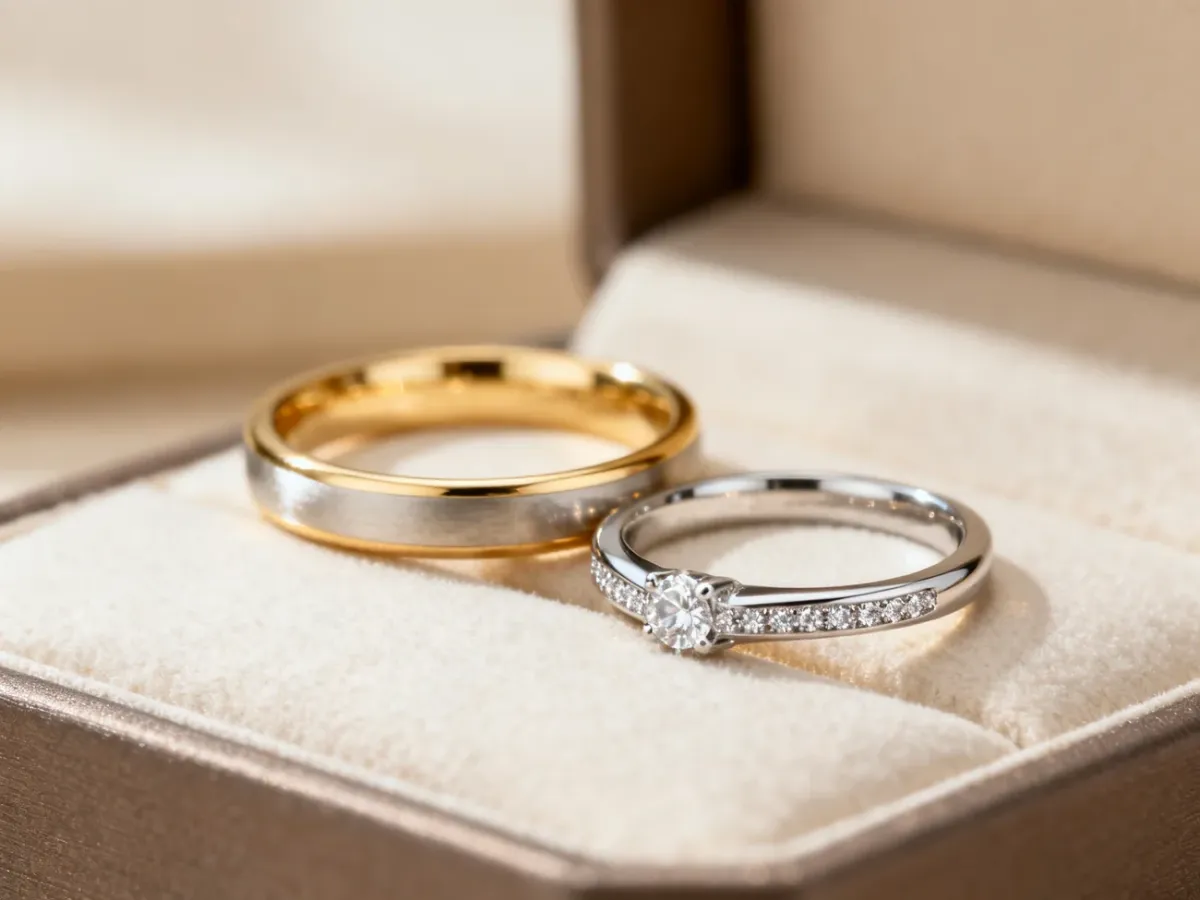 Eleganckie obrączki gładkie i zdobione diamentami na ekspozycji jubilerskiej