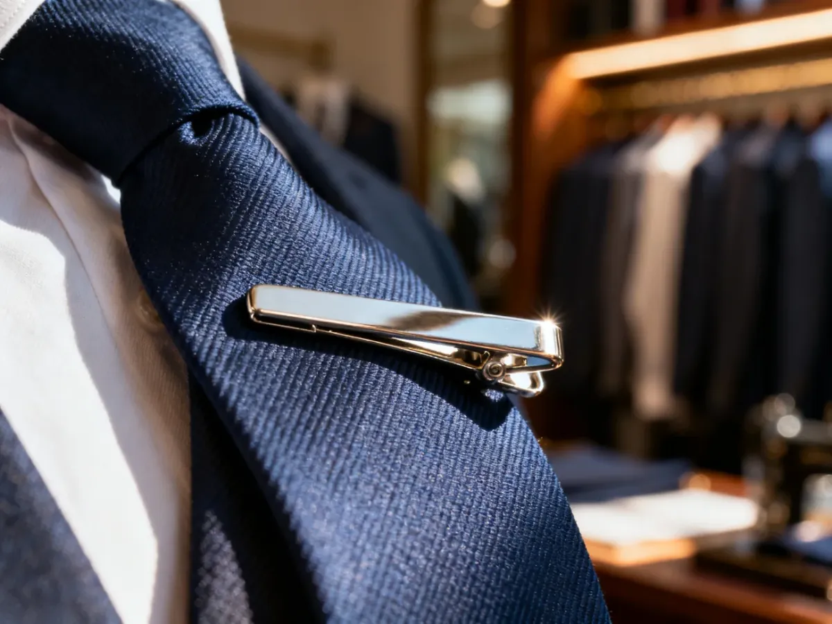 Elegancka srebrna spinka zapięta na granatowym jedwabnym krawacie w profesjonalnym zakładzie krawieckim.