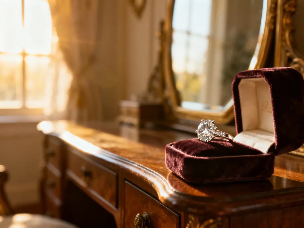 Elegancki pierścionek zaręczynowy w stylu vintage spoczywający na aksamitnym pudełku w promieniach porannego słońca.