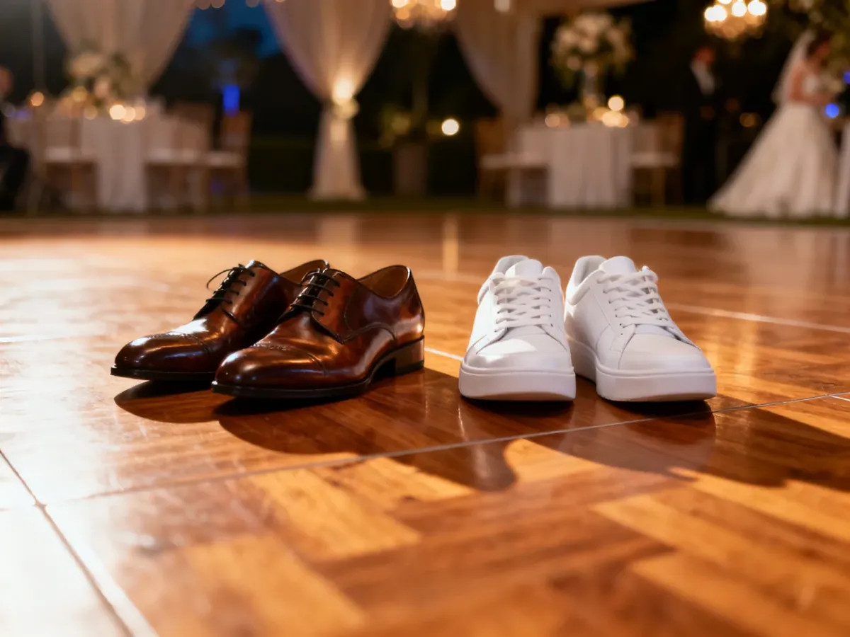 Eleganckie skórzane buty zestawione z białymi sneakersami na parkiecie, ilustrujące wybór obuwia na wesele.