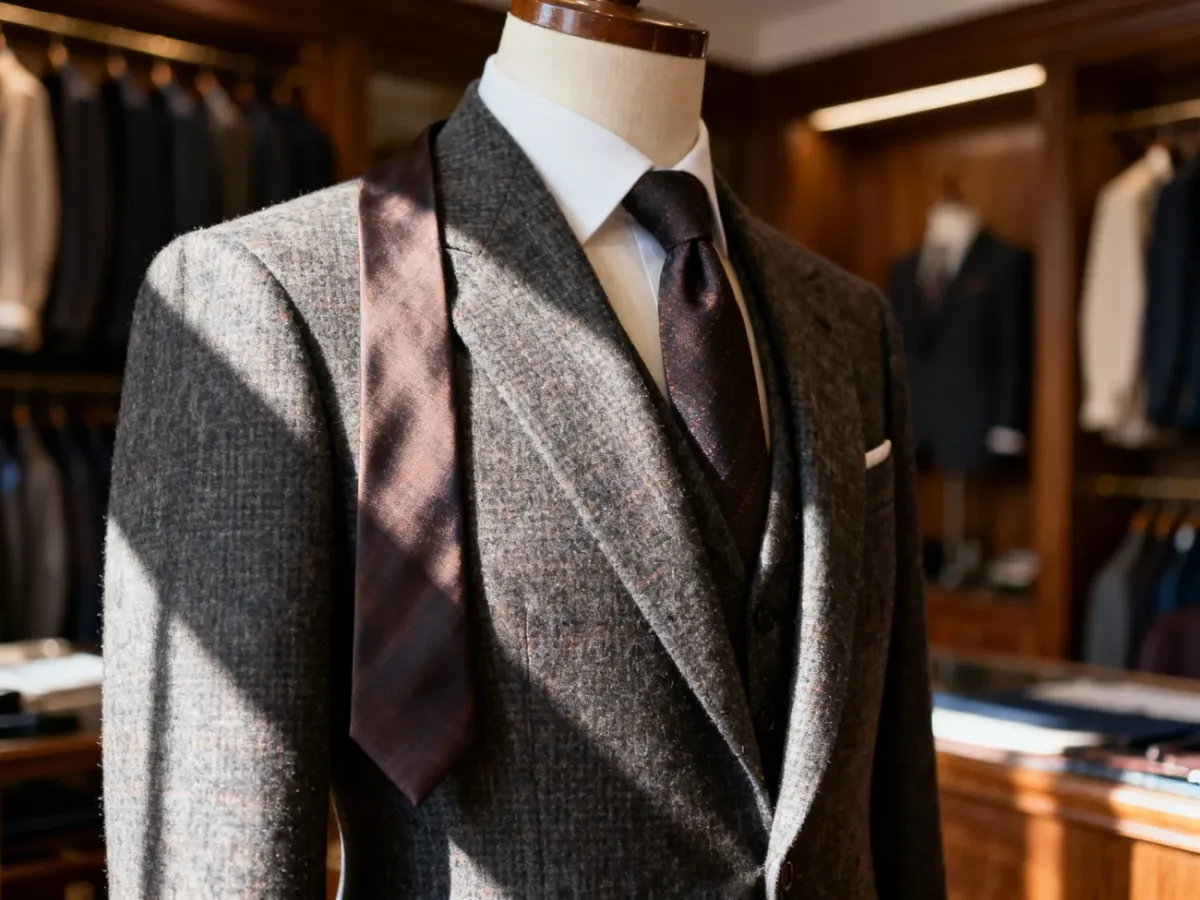 Zbliżenie na wysokiej jakości wełnianą tkaninę garniturową oraz elegancki krawat na manekinie w pracowni krawieckiej.