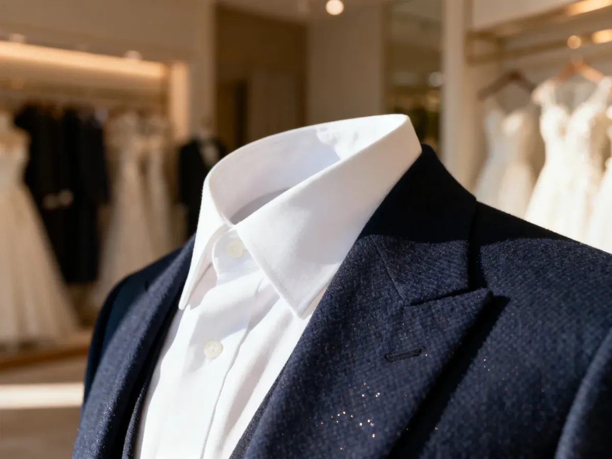 Elegancki biały kołnierzyk koszuli zestawiony z klapą granatowej marynarki ślubnej w świetle poranka.