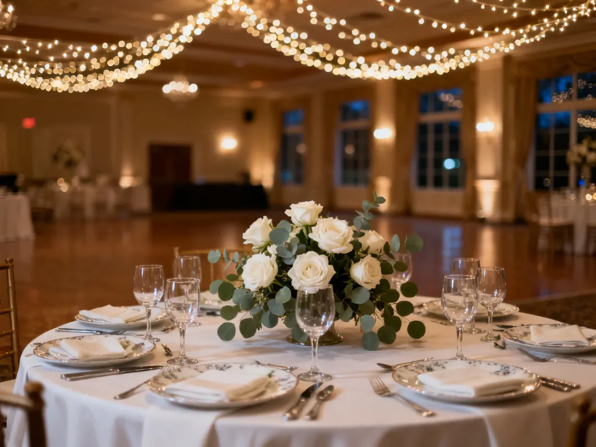 Elegancka sala weselna z pięknie nakrytym stołem, dekoracjami z białych róż i nastrojowym oświetleniem.