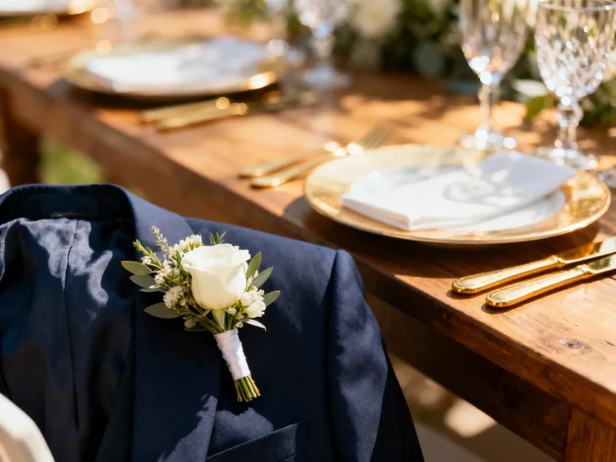 Elegancka butonierka na granatowej marynarce, podkreślająca uroczysty charakter stylizacji drużby.