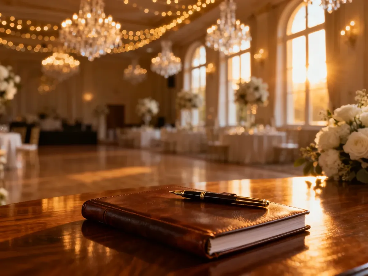 Elegancka sala weselna w tle oraz notatnik z długopisem na pierwszym planie, symbolizujące profesjonalne planowanie przyjęcia.