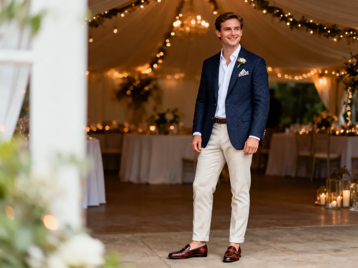 Pan młody w eleganckim, mniej formalnym stroju na poprawiny