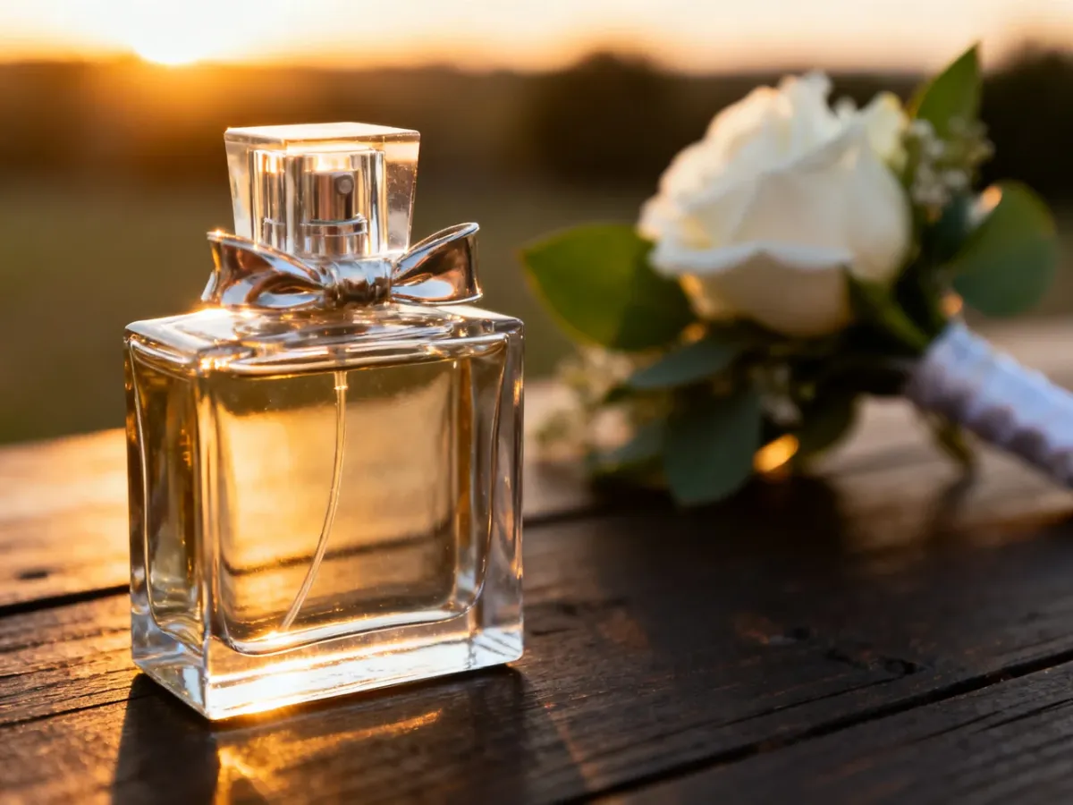 Elegancki flakon perfum na drewnianym blacie w towarzystwie ślubnej butonierki z białą różą.