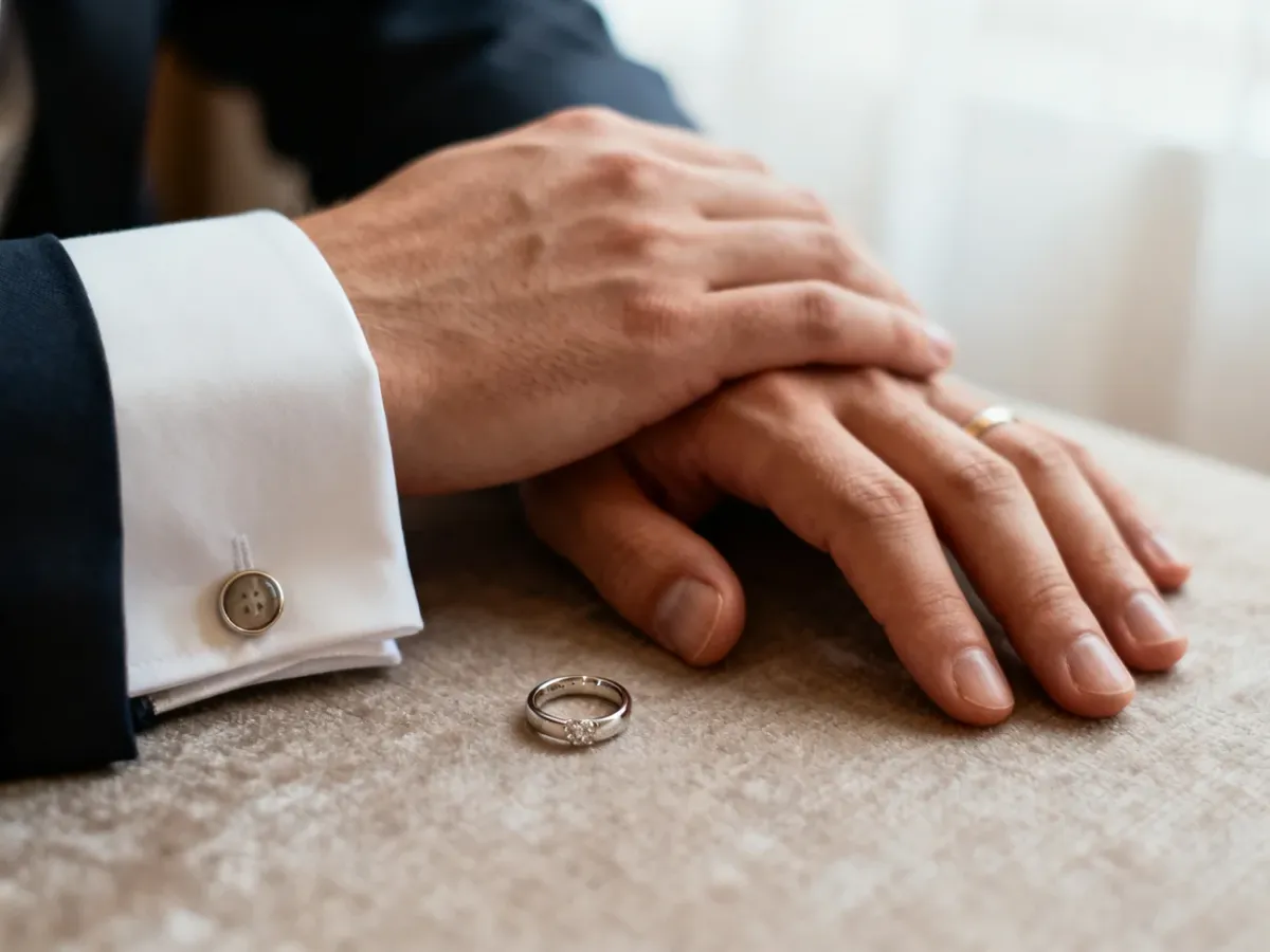 Zadbane dłonie pana młodego z obrączką przy mankiecie eleganckiego garnituru