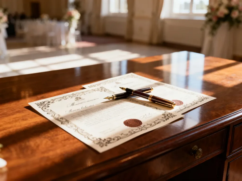Eleganckie wieczne pióra leżące na aktach ślubu, symbolizujące formalne zawarcie związku małżeńskiego.