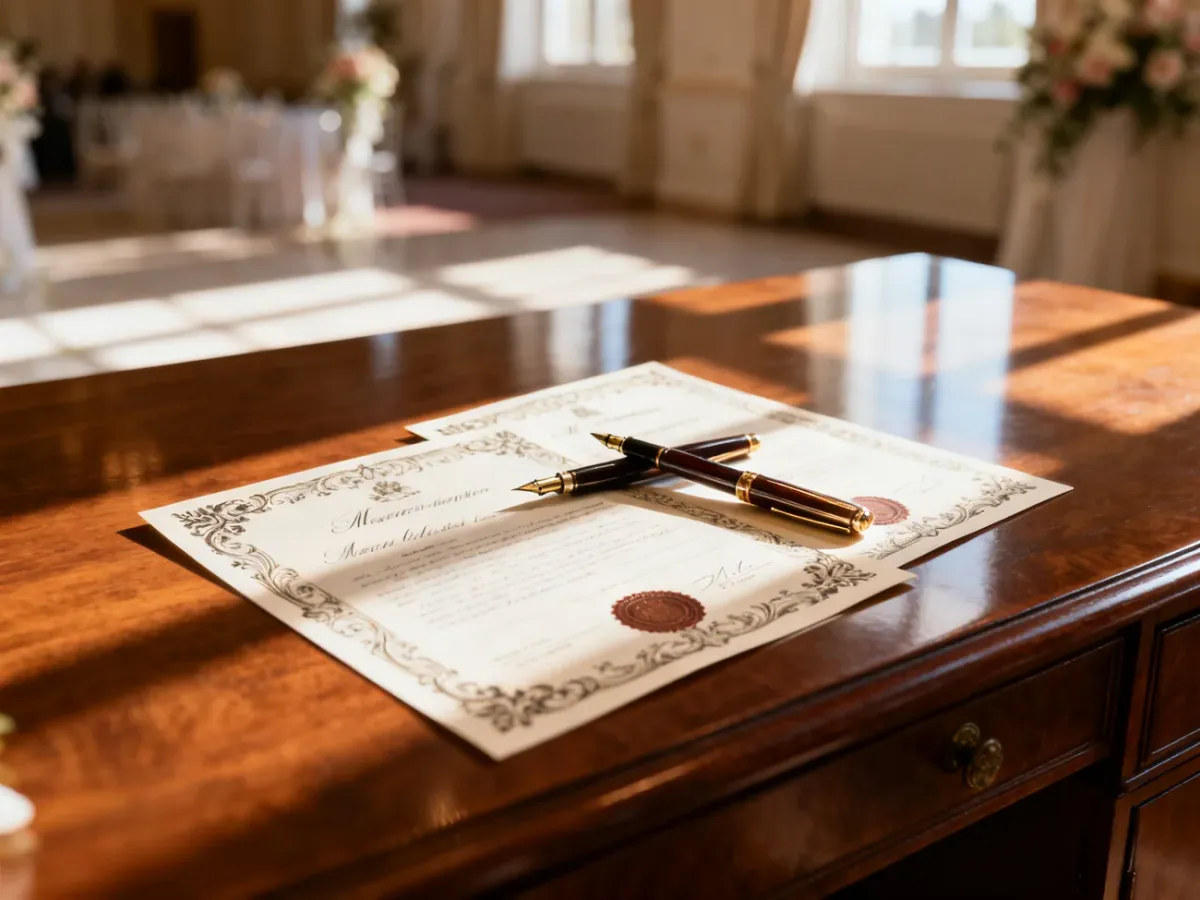 Eleganckie wieczne pióra leżące na aktach ślubu, symbolizujące formalne zawarcie związku małżeńskiego.