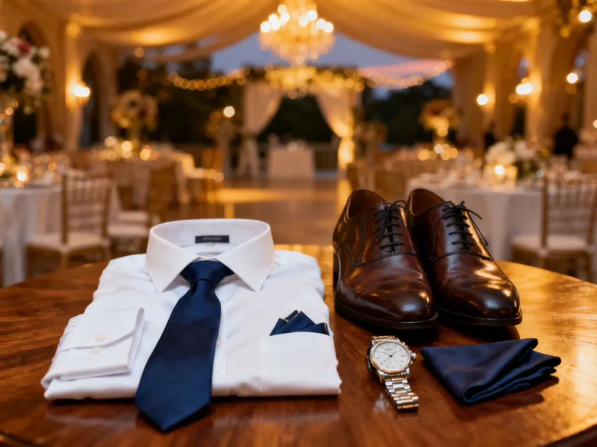 Elegancki zestaw męskich dodatków ślubnych: koszula, krawat, skórzane buty i zegarek przygotowane na wesele.