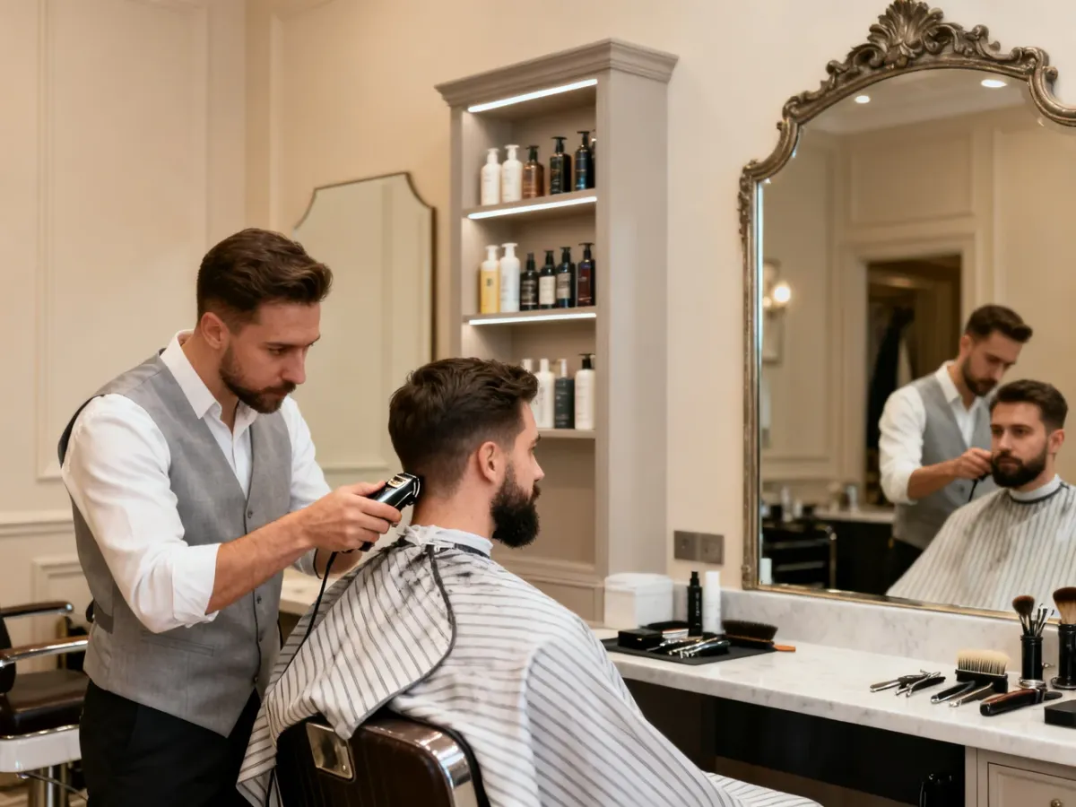 Barber stylizujący brodę przyszłego pana młodego