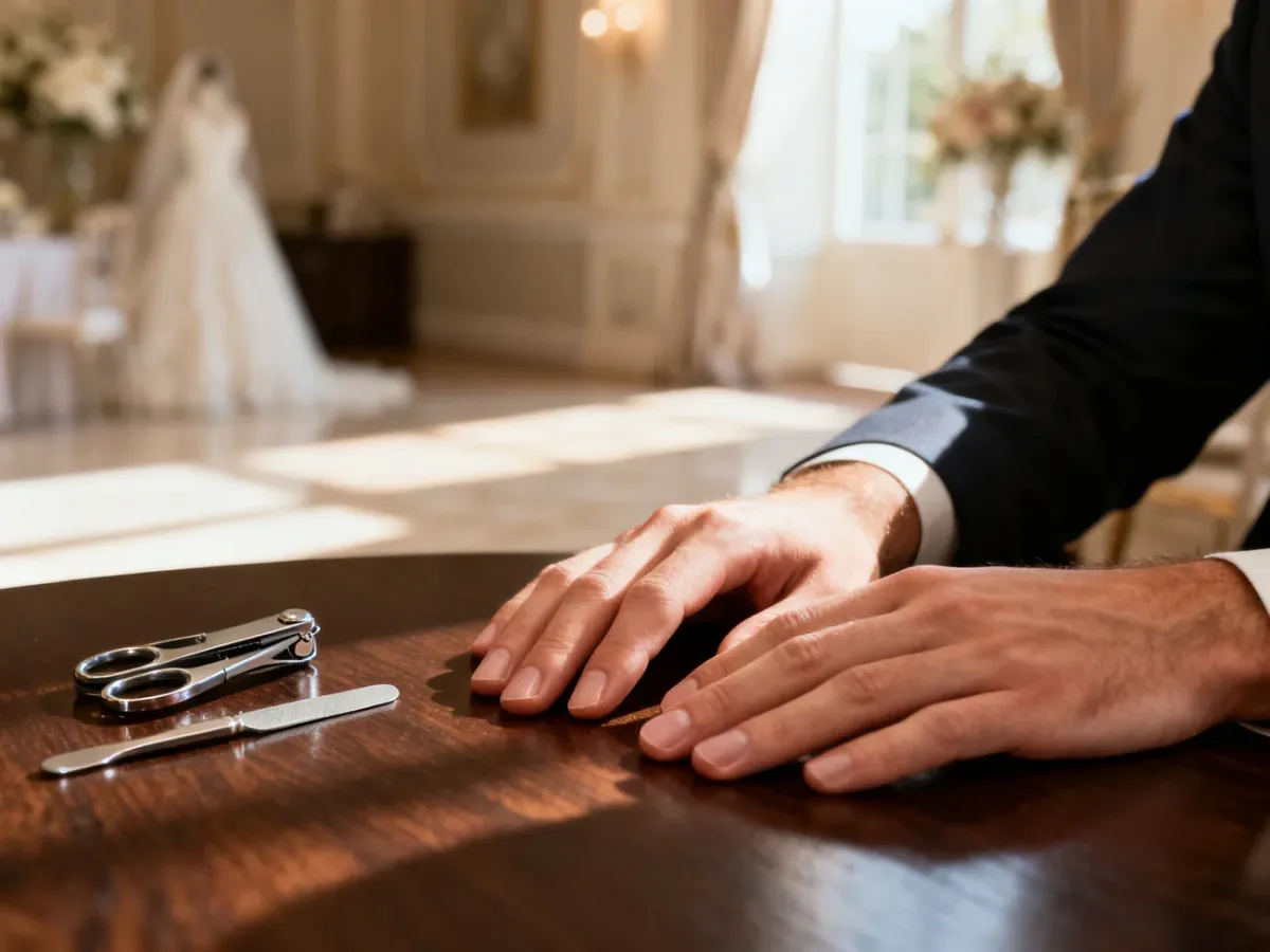 Zadbane męskie dłonie z zestawem do manicure na drewnianym stole w eleganckim, ślubnym wnętrzu.