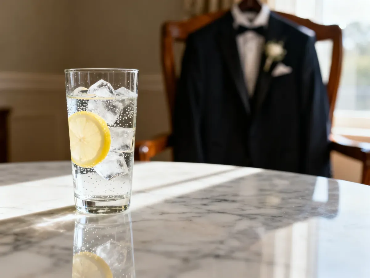 Szklanka wody z cytryną i lodem na marmurowym blacie obok eleganckiej marynarki, symbolizująca przygotowania do ślubu.