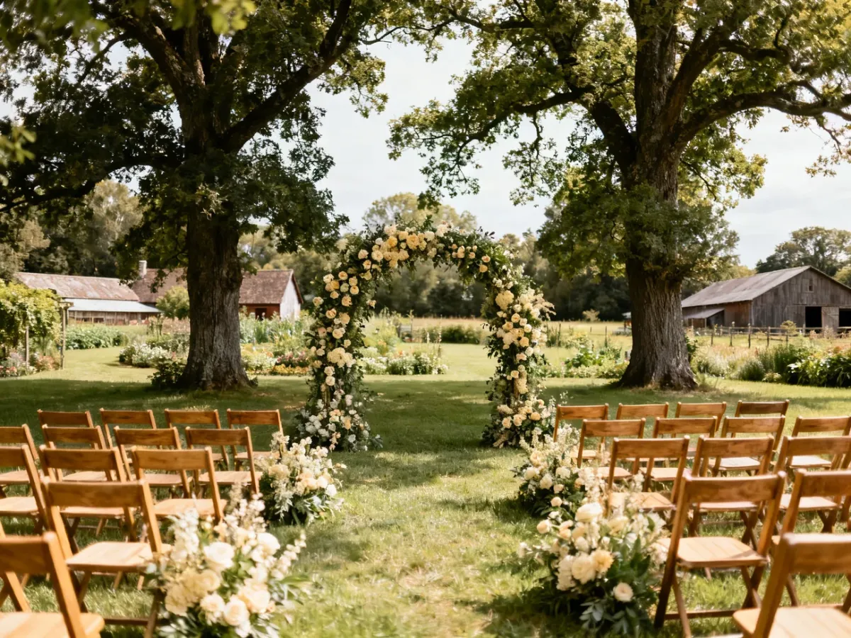 Ceremonia ślubna w ogrodzie wiejskiej sali weselnej
