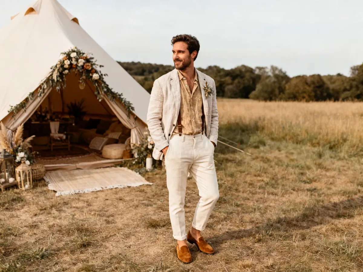 Pan Młody w lnianej stylizacji boho na weselu plenerowym