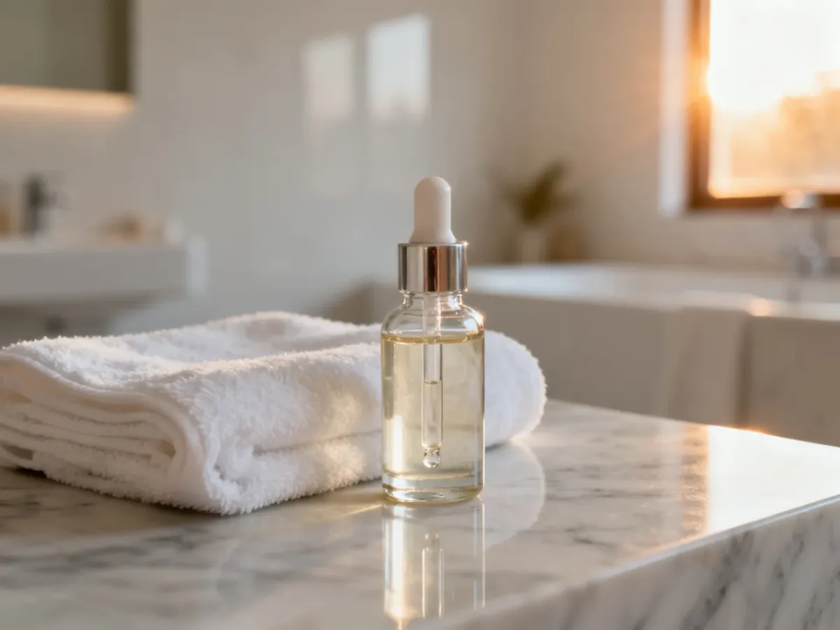 Eleganckie serum i biały ręcznik na marmurowym blacie w nowoczesnym spa, podkreślające profesjonalną pielęgnację przed ślubem.