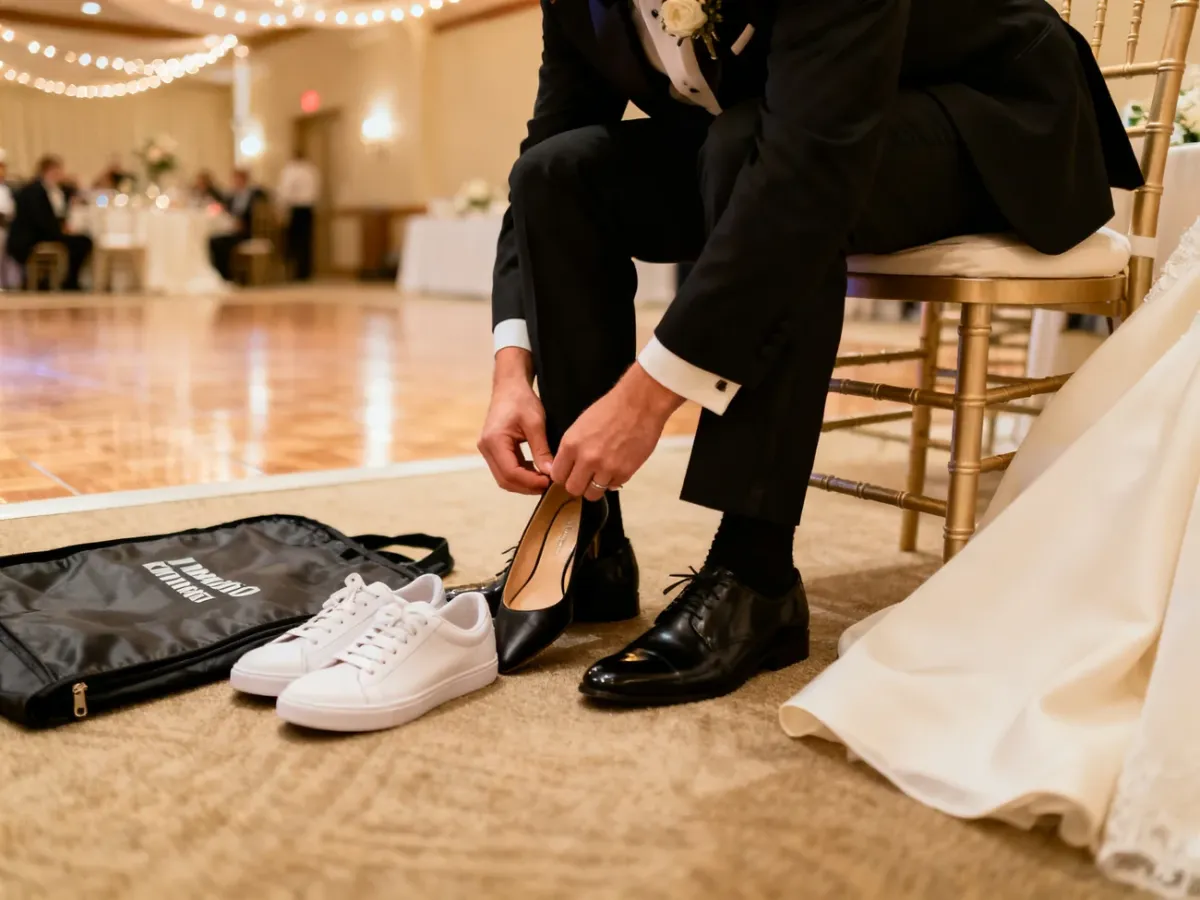 Zmiana eleganckich butów na wygodne sneakersy podczas wesela