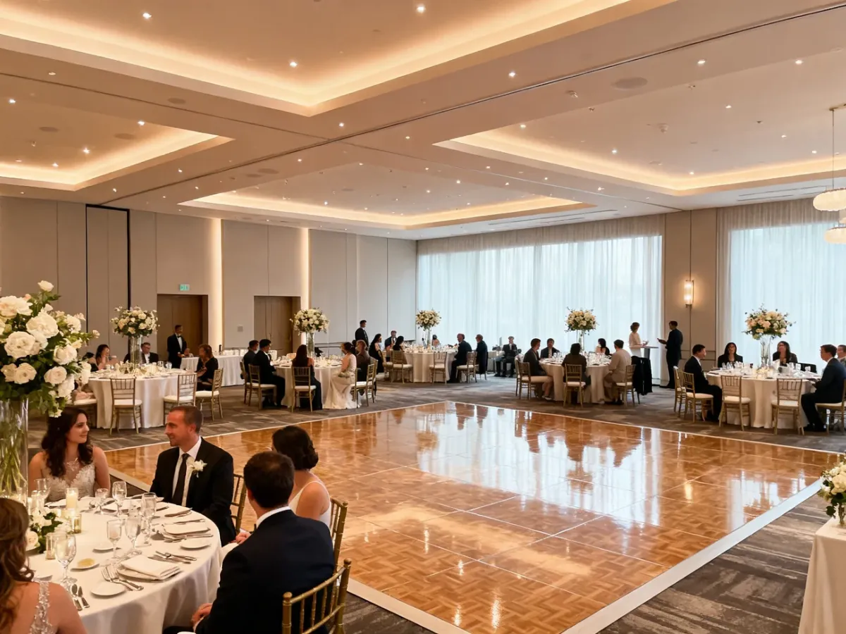 Elegancka sala weselna z udekorowanymi stołami i parkietem