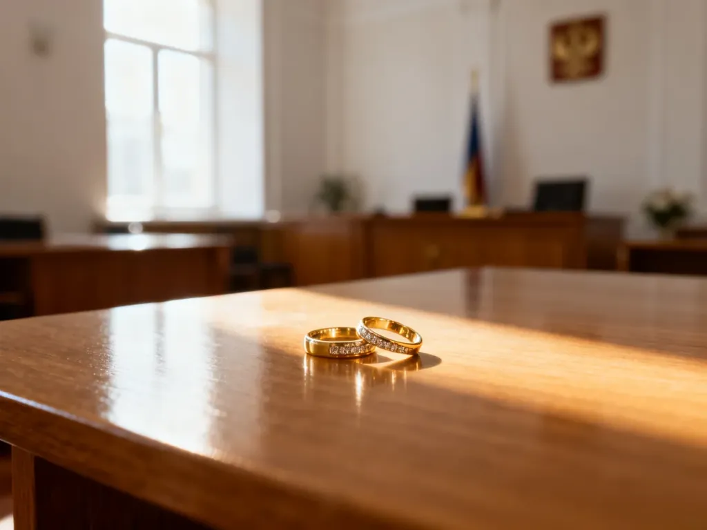 Eleganckie obrączki ślubne na drewnianym blacie w tle urzędu stanu cywilnego oświetlonego porannym słońcem.