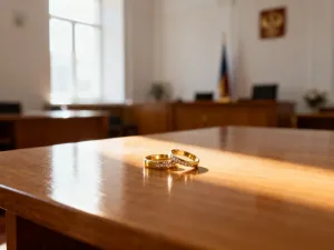 Dwie eleganckie obrączki ślubne leżące na dokumencie urzędowym obok pióra wiecznego, symbolizujące formalności ślubu cywilnego.
