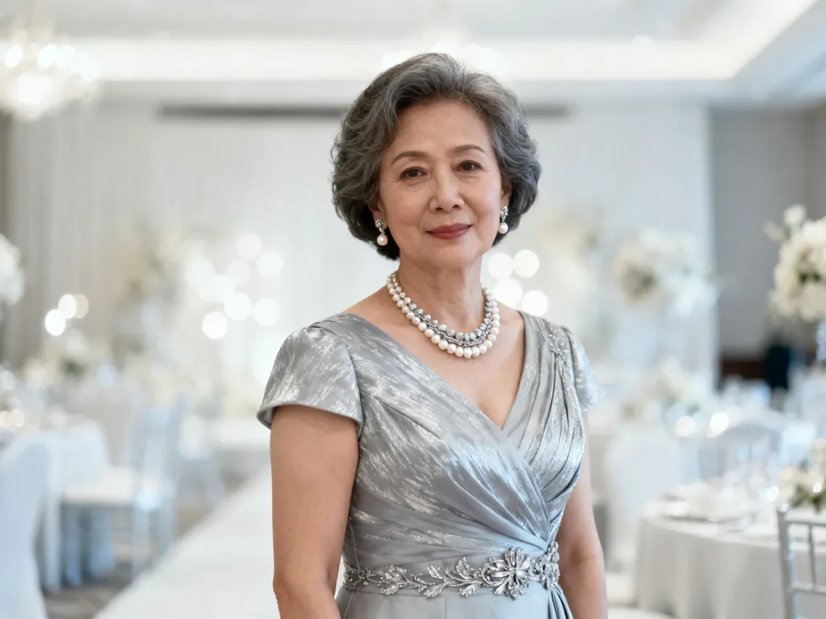 Elegancka mama panny młodej w wyważonej srebrnej biżuterii