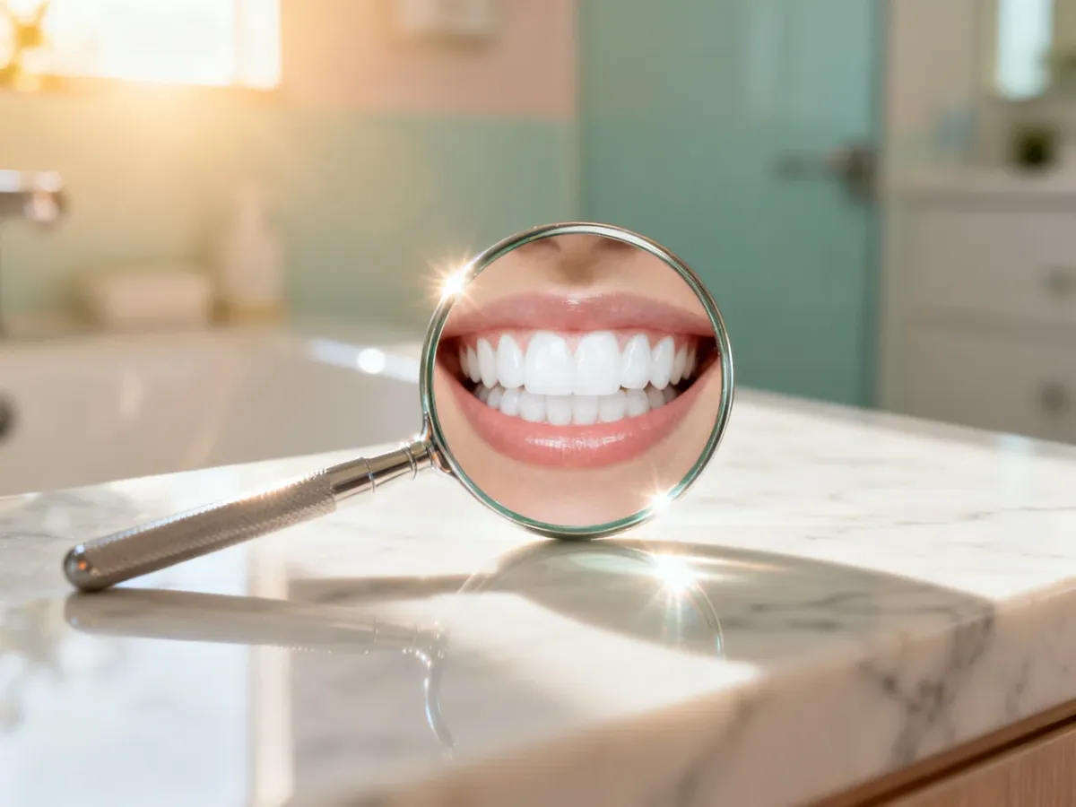 Lustro dentystyczne odbijające idealnie biały, zdrowy uśmiech, symbolizujące profesjonalne przygotowanie zębów do ślubu.