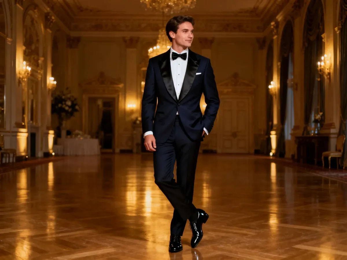 Pan Młody w eleganckim smokingu w pałacowej sali