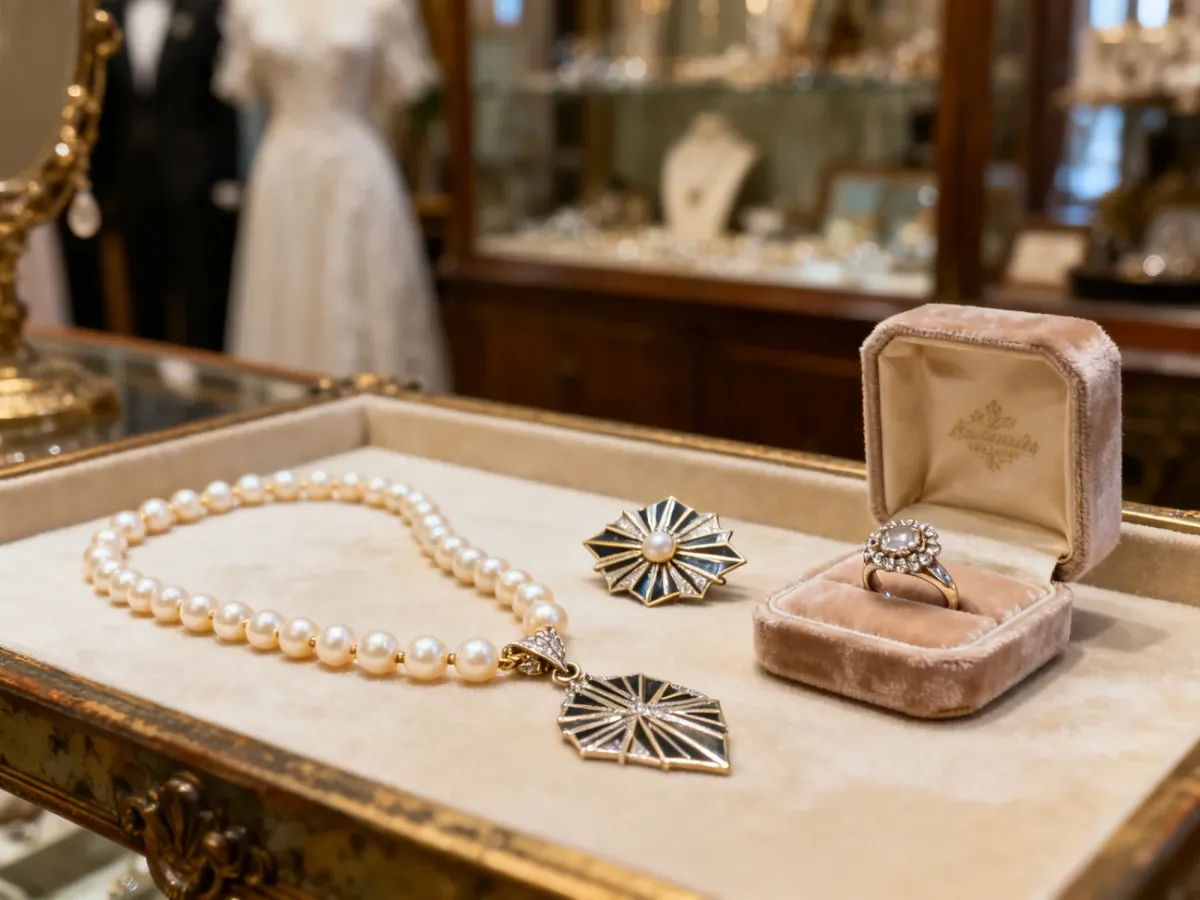 Zabytkowa biżuteria ślubna prezentowana w eleganckiej szkatułce u jubilera