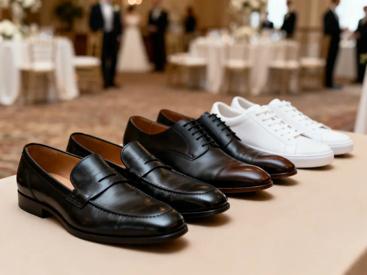 Eleganckie buty i minimalistyczne sneakersy zestawione jako obuwie na wesele