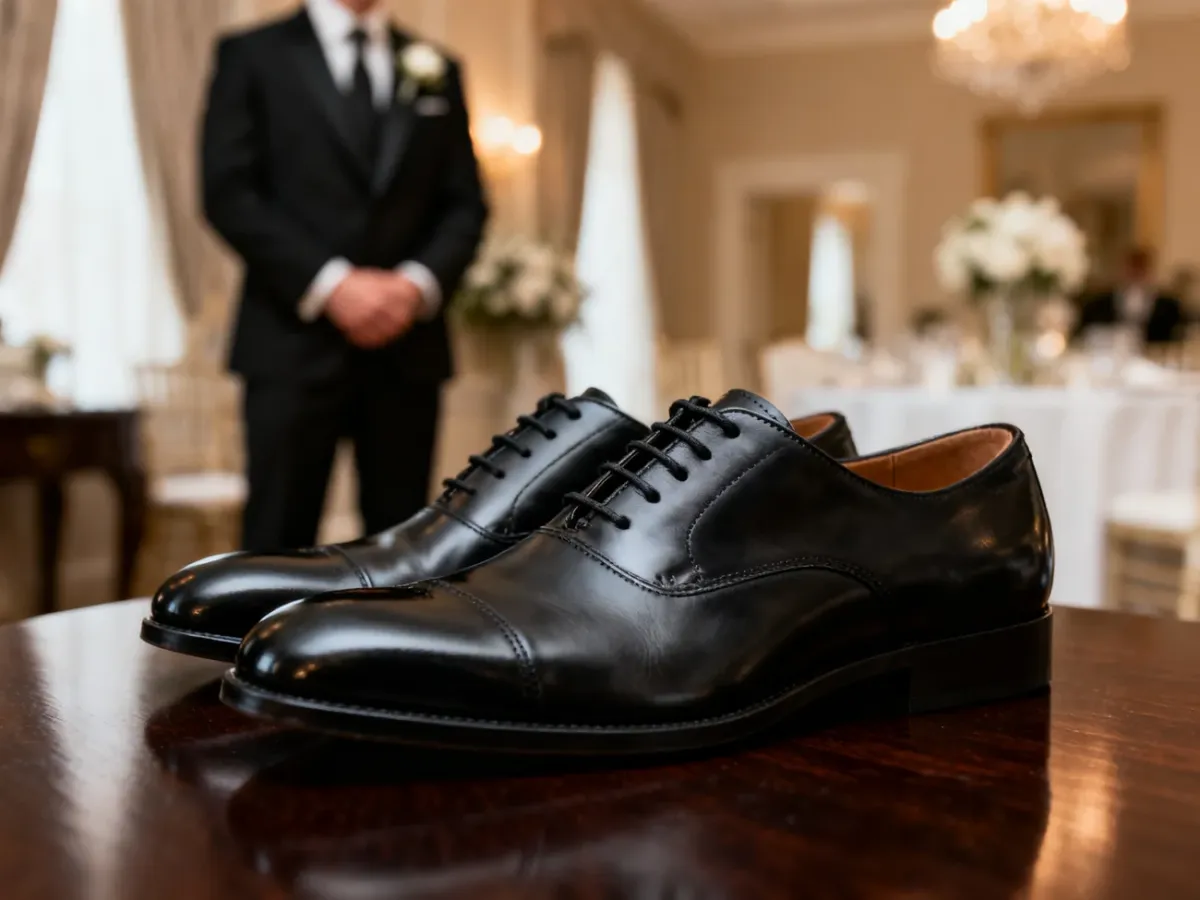 Gładkie czarne oxfordy ze skóry licowej przy formalnym garniturze
