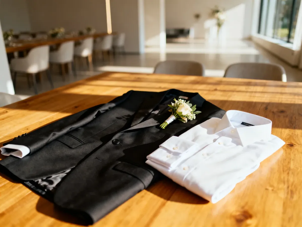 Elegancki garnitur ślubny z butonierką na drewnianym stole w jasnym, minimalistycznym wnętrzu.
