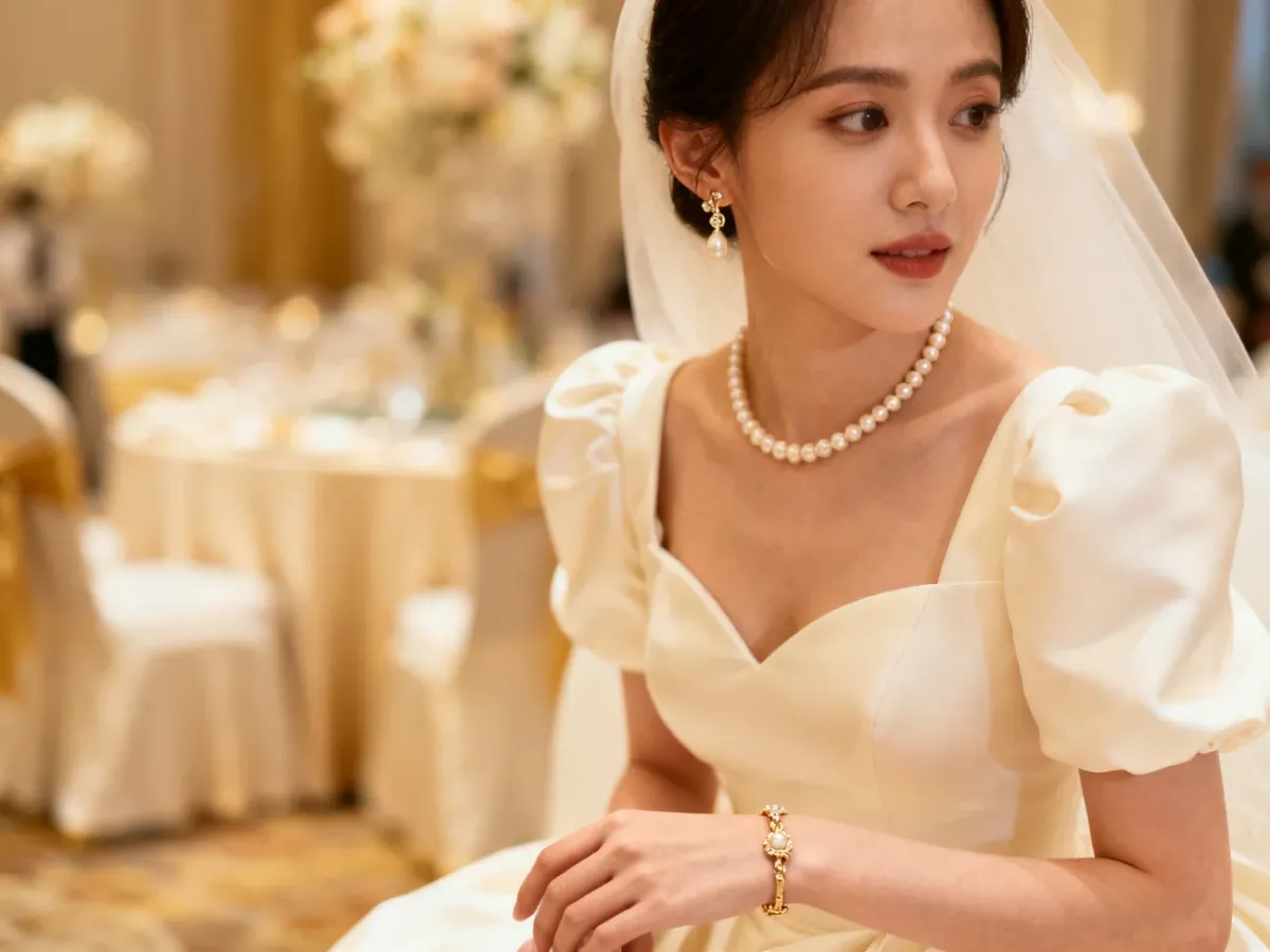 Perłowa biżuteria i delikatna bransoletka przy eleganckiej kreacji