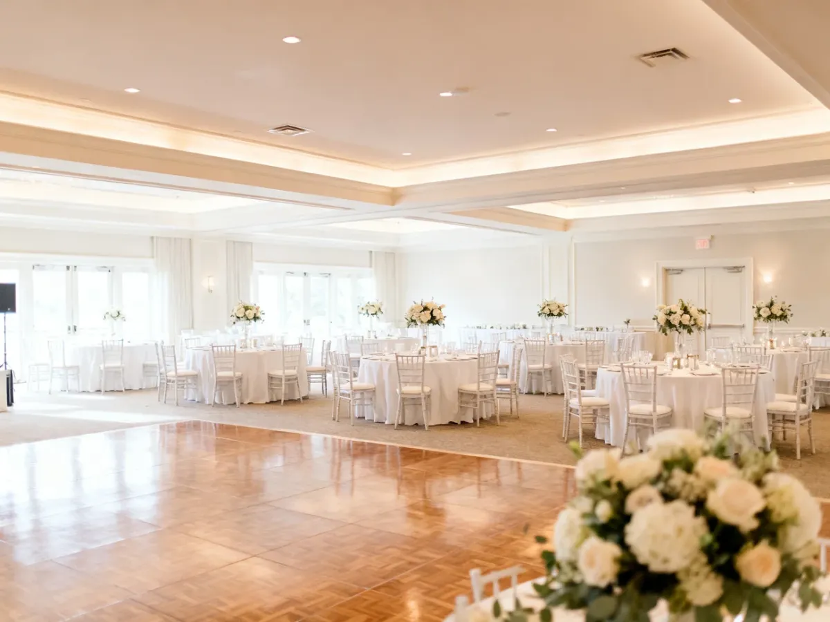 Elegancka sala weselna przygotowana na przyjęcie przy okrągłych stołach