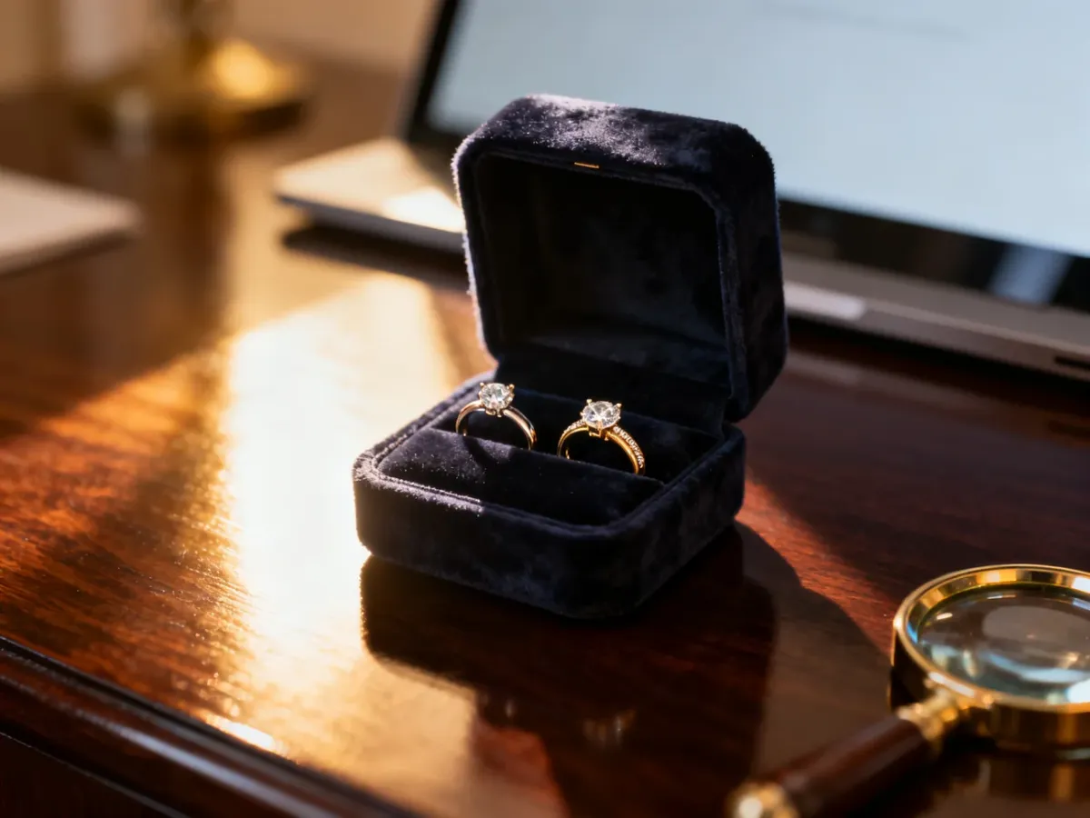 Eleganckie obrączki ślubne w aksamitnym pudełku na tle laptopa, symbolizujące wybór biżuterii online lub w salonie.