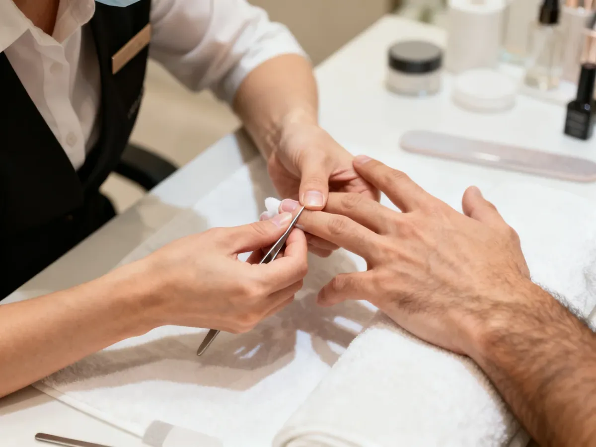 Męska dłoń podczas profesjonalnego manicure w salonie